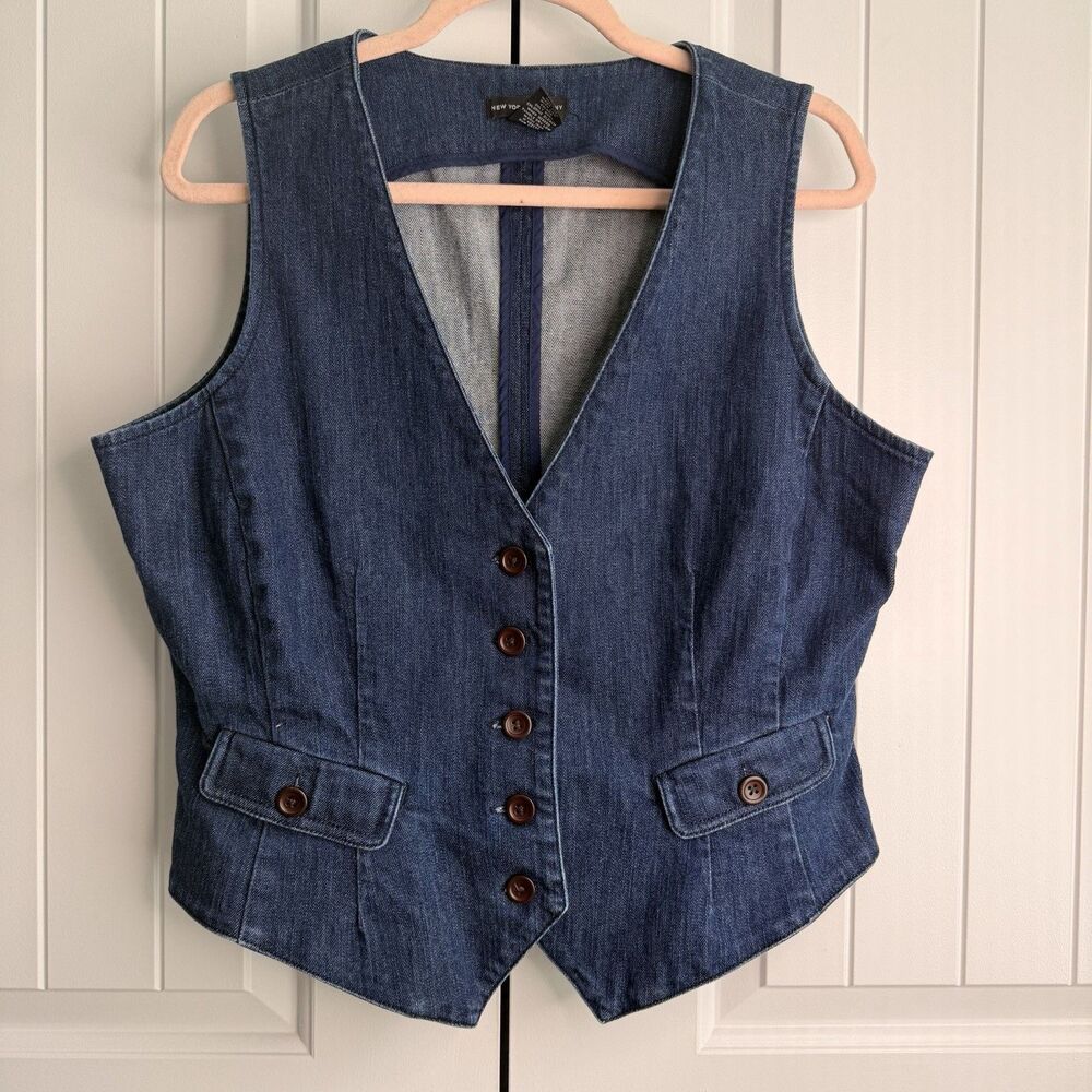 New York & Company Denim Vest Womens 16 Blue Jean Waistcoat Y2K Fitted